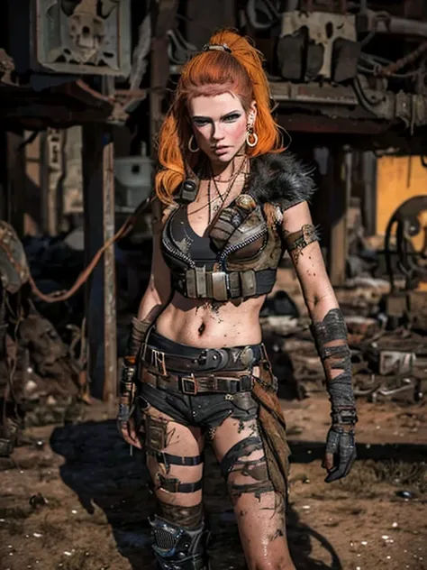 a highly detailed and realistic skull girl,( anya. taylor joy) cyberpunk character, mad max furiosa, one hand robot, cyborg arm,...