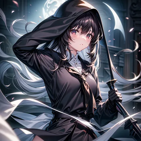 highest quality、Masterpiece、Official Art、The best composition、A high school girl vampire hunter wearing a black sailor uniform、Has the Grim Reaper&#39;s Scythe、Wind、deep focus,absurdres、detailed eyes and face、Blood splatter、Blood is dripping from the scyth...