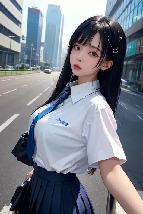 Cyberpunk art、32k，Complex，Very detailed，Digital photography，Black Hair Semi-Long、Wear a cyberpunk white collared button-up shirt、Wear a cyberpunk navy blue short box pleated skirt、Japanese 、Ride a big bike、Drive on the highway