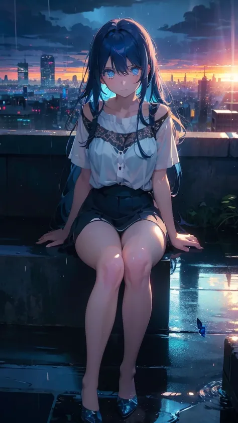 1 anime girl, alone,blue hair,Blue shining jewel eyes,Black petals flutter, A mysteriously shining butterfly.rain,storm,city,city,Vivid blue hair,bright blue jewel eyes,thin legs,cloudy sky,rain,sad expression,sunset,rain,very clear,highest quality,sitting...