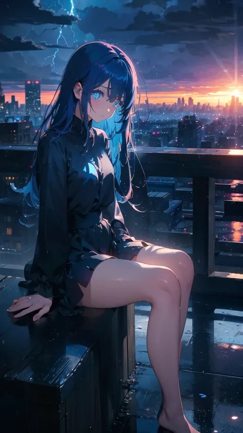 1 anime girl, alone,blue hair,Blue shining jewel eyes,Black petals flutter, A mysteriously shining butterfly.rain,storm,city,city,Vivid blue hair,bright blue jewel eyes,thin legs,cloudy sky,rain,sad expression,sunset,rain,very clear,highest quality,sitting...