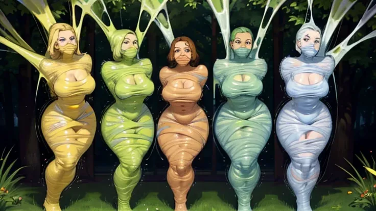 5 girls, trapped within sticky slimy cocoons made of silk, suspended, surrounded by spiders