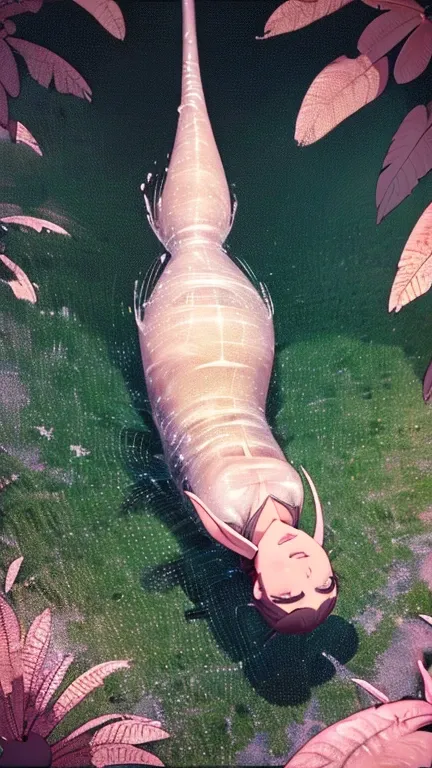 1 girl laying on the ground, restrained in a sticky and slimy cocoon, surrounded by plant life