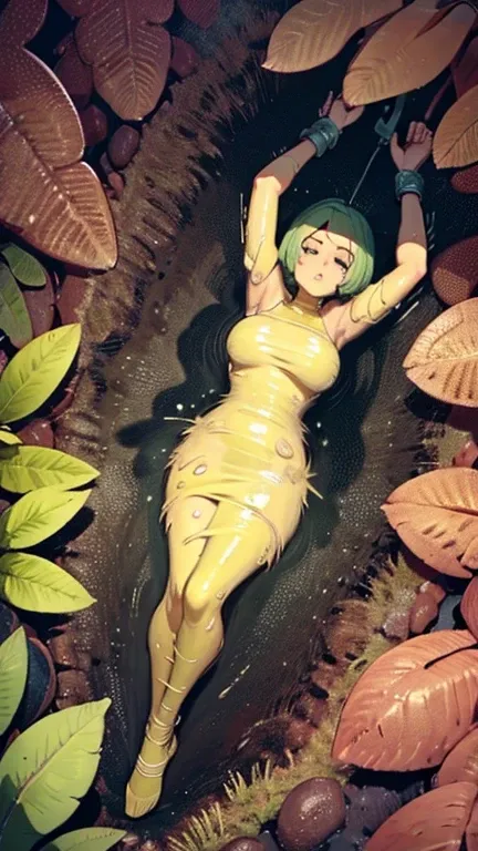 1 girl laying on the ground, restrained in a sticky and slimy cocoon, surrounded by plant life