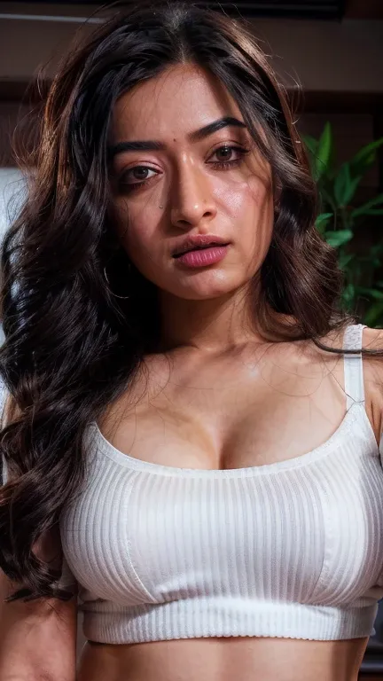  No makeup, Rashmika mandanna, ((free uncombed hair)),((selfie style)), (closeup), ((tall body)),(( looking at viewer)),((big cheeks)),30 year old woman,1woman,solo,medium breasts,(fleshy face),long hair,cleavage,navel,midriff,( bedroom) ,(((cotton crop sh...