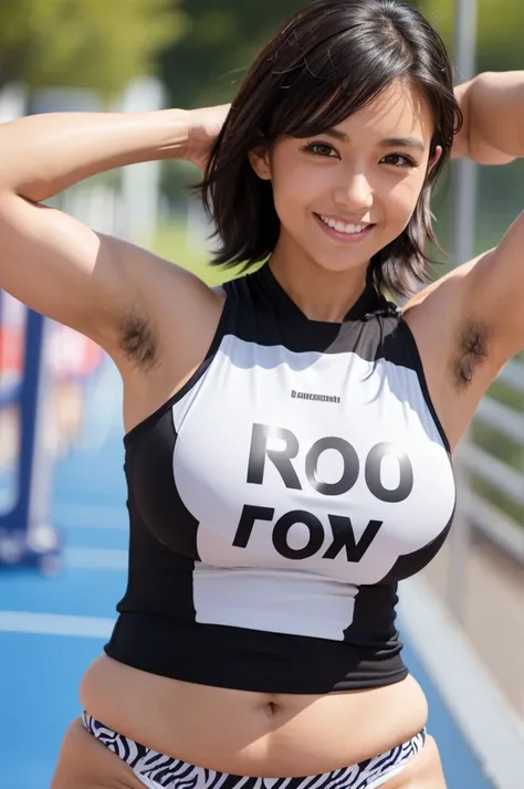 (nsfw),sharp focus,ultra detailed,(nsfw),pov,tanned skin,black medium hair,(face focus,upperbody,close up:1.3),(saggy and gigantic breasts:1.2),(cheerful smile),( track uniform),(,lifted logo printed vest:1.1),arm up,(armpit hair:1.1), cute japanese girl,(...