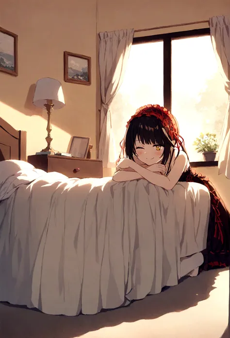 beautiful smile, inside bedroom, sleepy face, sleepy eye, afternoon, tokisaki kurumi, full body