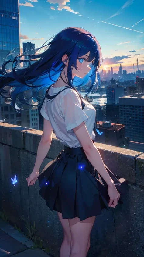 1 anime girl, alone,blue hair,Blue shining jewel eyes,Black petals flutter, A mysteriously shining butterfly.blue sky,city,Vivid blue hair,bright blue jewel eyes,thin legs,cloudy sky,very clear,highest quality,Are standing,Straight Hair,morning,Mid-length ...