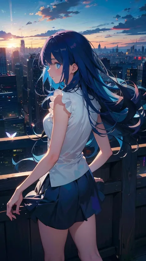 1 anime girl, alone,blue hair,Blue shining jewel eyes,Black petals flutter, A mysteriously shining butterfly.blue sky,city,Vivid blue hair,bright blue jewel eyes,thin legs,cloudy sky,very clear,highest quality,Are standing,Straight Hair,morning,Mid-length ...