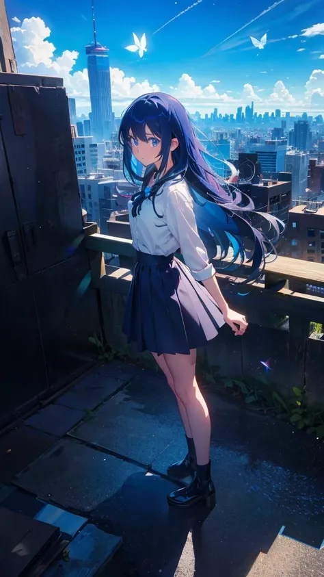 1 anime girl, alone,blue hair,Blue shining jewel eyes,Black petals flutter, A mysteriously shining butterfly.blue sky,city,Vivid blue hair,bright blue jewel eyes,thin legs,cloudy sky,very clear,highest quality,Are standing,Straight Hair,morning,Mid-length ...