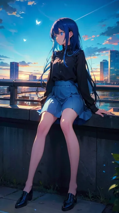 1 anime girl, alone,blue hair,Blue shining jewel eyes,Black petals flutter, A mysteriously shining butterfly.blue sky,city,Vivid blue hair,bright blue jewel eyes,thin legs,cloudy sky,very clear,highest quality,Straight Hair,morning,Mid-length skirt,City of...