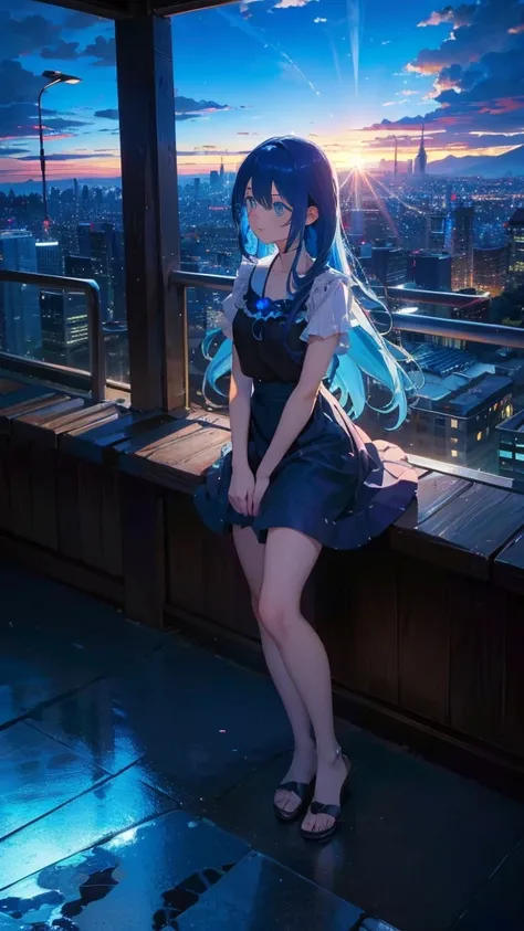 1 anime girl, alone,blue hair,Blue shining jewel eyes,Black petals flutter, A mysteriously shining butterfly.blue sky,city,Vivid blue hair,bright blue jewel eyes,thin legs,cloudy sky,very clear,highest quality,Straight Hair,morning,Mid-length skirt,City of...