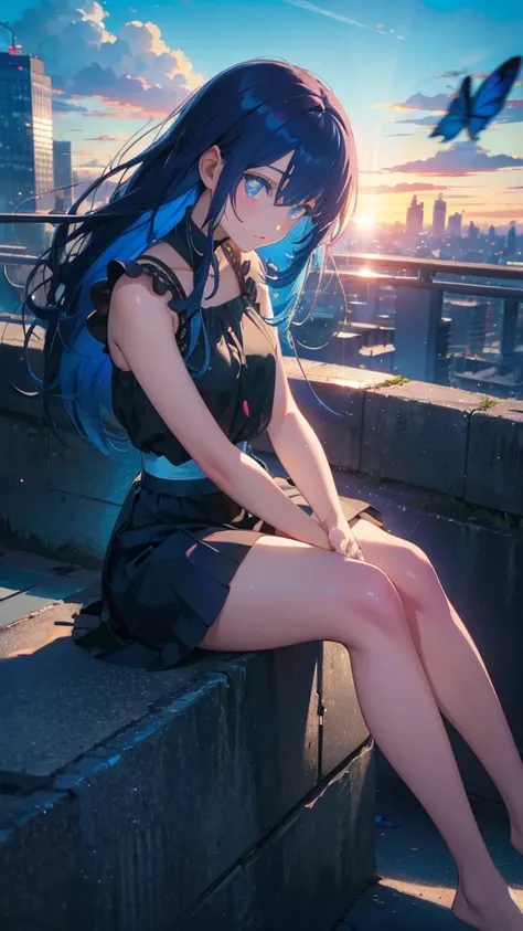 1 anime girl, alone,blue hair,Blue shining jewel eyes,Black petals flutter, A mysteriously shining butterfly.blue sky,city,Vivid blue hair,bright blue jewel eyes,thin legs,cloudy sky,very clear,highest quality,Straight Hair,morning,Mid-length skirt,City of...