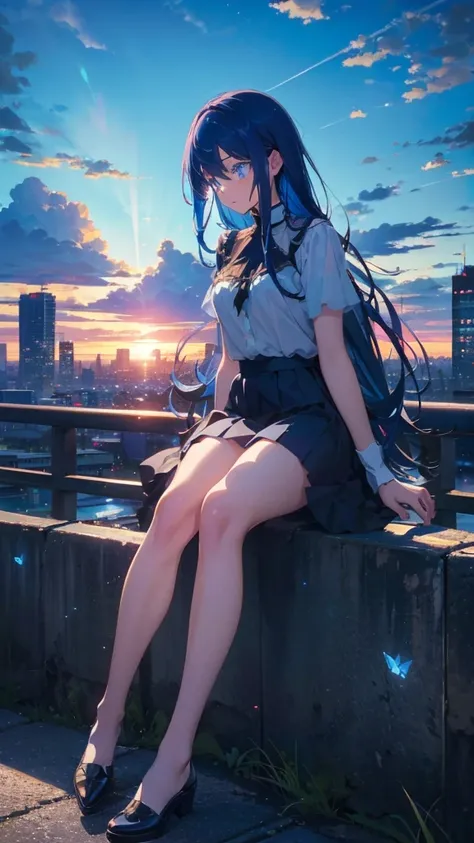 1 anime girl, alone,blue hair,Blue shining jewel eyes,Black petals flutter, A mysteriously shining butterfly.blue sky,city,Vivid blue hair,bright blue jewel eyes,thin legs,cloudy sky,very clear,highest quality,Straight Hair,morning,Mid-length skirt,City of...