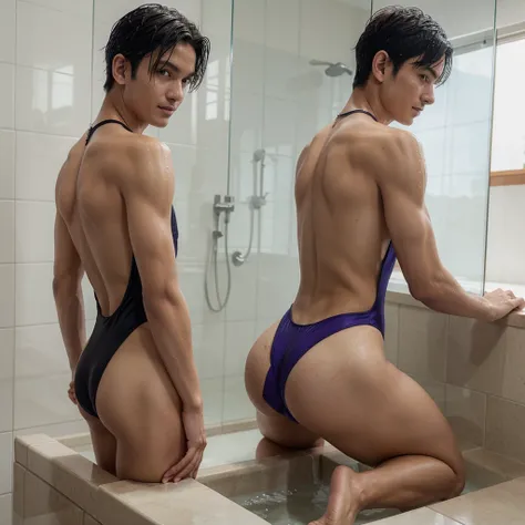 Wet Japanese boy in onepiece swimsuit, High-cut racing back swimsuit, solo, smile, Boy with wet short black hair, very white skin, the boy has a seductive look, Competitive swimsuit, looking_at_viewer, boy showing his ass on all fours, Cool boy in black se...