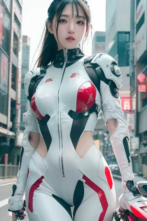 cyberpunk art、32k，complex，very detailed，digital photography，black hair semi-long、wear a white and red cyberpunk battle suit、japa...