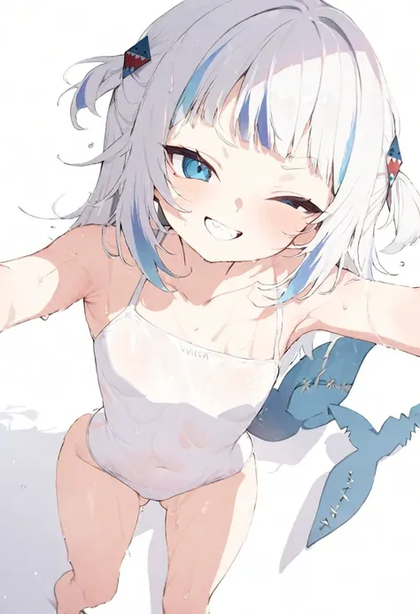 (masterpiece), (best quality), perfect face, beautiful girl, white background background, delicate and beautiful face and eyes, dark intense shadow, 
1 girl, vtuber style, cool girl, hololive, Gawr Gura, white school swimsuit, wet body, small chest, croppe...