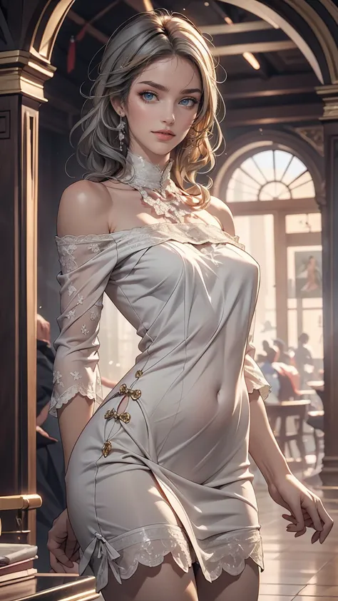 24 year old Caucasian female、blue eyes、Silver Hair、Straight Hair、Hair becomes wavy、Sexy proportions、Narrow waist、Hips for easy childbirth、Wear an off-the-shoulder lace dress、smile、
