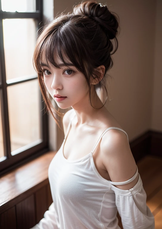 (((Upper body shot，Close-up photo)))、(((Shoulder-length brown straight hair，With bangs，Bun hairstyle)))、(((Against a light interior background)))、(((White thin shirt)))、18 years old、angry girl、D cup breasts、Protruding dot on chest、Light eye makeup、Ultra-re...