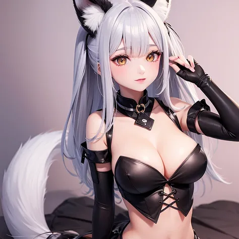 Fox Girl, Fox&#39;s Tail, Nine-Tailed Fox,Fox Ears, Black colored hair, Fox Makeup,One Girl、 Kimono with open chest, Body size is 100-70-90!、Nice body, Avatar, face, Open chest, lewd face, Dominant representation, naughty face,Big Breasts,Emphasize cleavag...