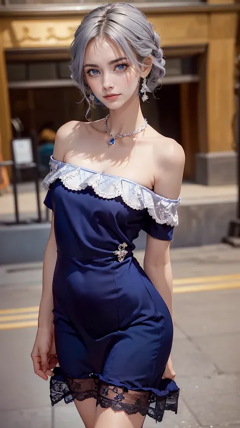 24 year old Caucasian female、blue eyes、Silver Hair、Straight Hair、Hair becomes wavy、Sexy proportions、Narrow waist、Hips for easy childbirth、Wear an off-the-shoulder lace dress、smile、
