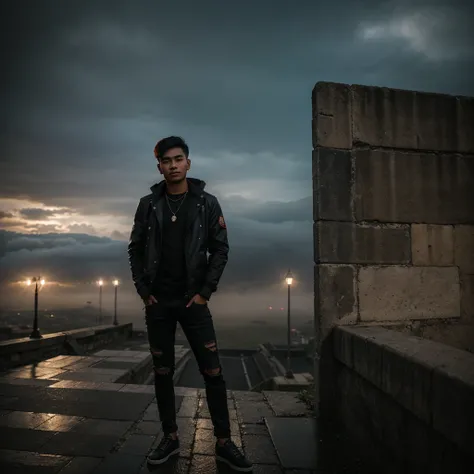 Professional photography, masterpiece, full body, handsome 22 year old Indonesian man, confident, charming, faint smile, short trendy red black blonde hair, wearing a killer cosplayer parka jacket, with several necklaces, long black ripped jeans at the kne...