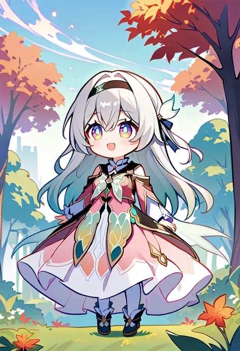 firefly (honkai: star rail),1girl,solo,(Pink strapless dress :1.5), (silver Long hair:1.5) ，black _ hair band, X-shaped _ eyebrows, hair band, POE _ Hair, bangs, bare shoulders, full body shot, white stockings, white heels, outdoor, red Maple Grove，