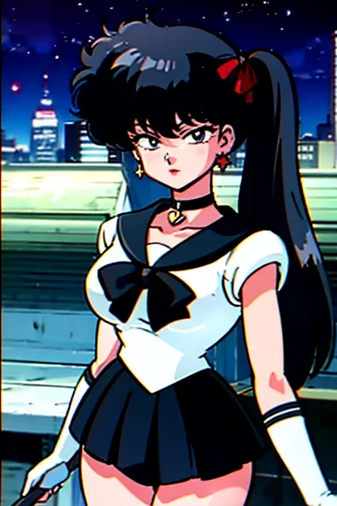 masterpiece, best quality, 1girl, solo, looking at viewer, facing viewer, night, rooftop, city, cityscape, anime screencap,1990s...