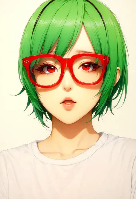 masterpiece, best_quality, 1girl, solo, gumi, , red eyewear on head,