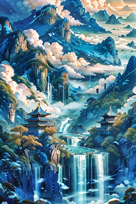 (blue theme:1.3), scenery, tree, water, architecture, mountain, cloud, bird, nature, masterpiece, best qualitylandscape, hyperrealistic,