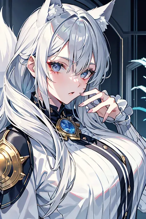 best qualtiy，tmasterpiece，The is very detailed，4K，Gray hair and shallow eyes，Drag cool expressions，Wolf ears，Erect scar on the left eye，British style，1girl，Absolutely beautiful, big bust, white costume