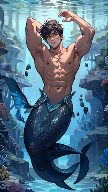 full body image, mermaid tail, man, big muscles, shirtless, short hair, sexy, tired face. sexy poses under the sea, armpit hair