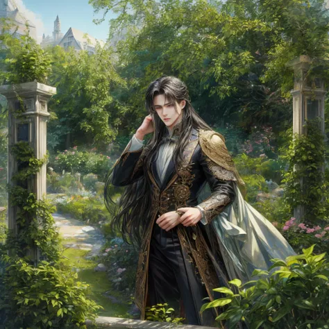 (absurdres, highres, ultra detailed, intricate details ,HDR )
Best quality picture of a detailed male character, handsome teen boy with long hair, anime eyes, intricate details on face, in a detailed outside garden sanctuary scenery, art kenouji
Masterpiec...