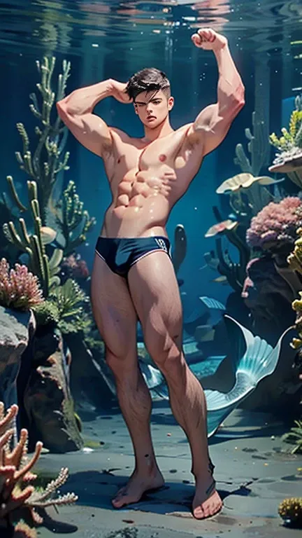 Full body image, mermaid tail, Boy 18 years old, big muscles, shirtless, short hair, sexy, tired face. Sexy poses under the sea, armpit hair