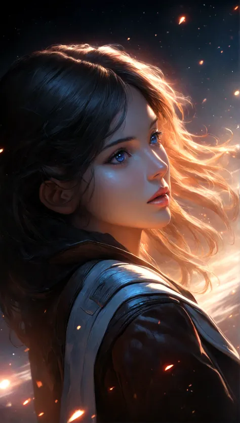 a female version of Han Solo, intricate details, detailed immersive background, realistic, star wars, 1 woman, beautiful detailed eyes, beautiful detailed lips, extremely detailed face and eyes, long eyelashes, cinematic lighting, dramatic shadows, chiaros...