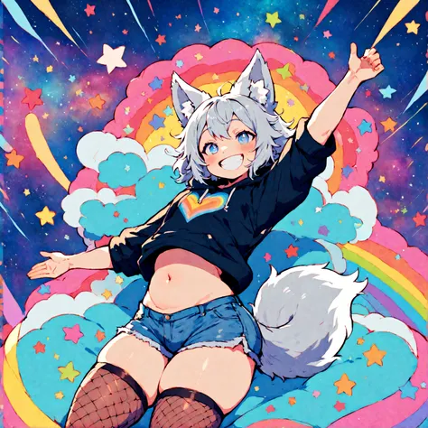 a cute adult male with wolf ears, white hair, has a wolf tail, wearing a loose cropped oversized black hoodie, wearing a pair of denim short shorts and thigh high fishnet stockings, thick thighs, wide hips, relaxing on mound of fluffy multi colored kawaii ...