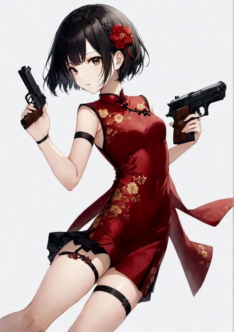 一个穿着红色cheongsam的女人手里拿着gun，White background，1 girl，Black Hair，Black collar，cheongsam，Finger on the trigger，gun，手gun，heckler & koch，拿着gun，拿着arms，手gun，红色cheongsam，左轮手gun，short hair，solo，Thigh straps，arms