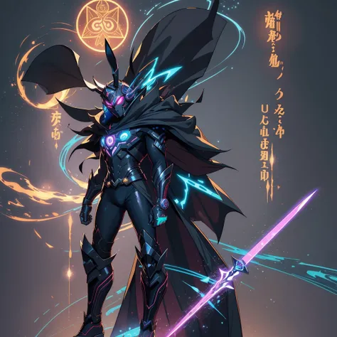 human Sorcerer secret agent, full body, wearing an elegant suit with magic circuits, long sword with magical carved details glowing, whole rabbit ears, human face, glowing eyes, fantasy RPG, tanned skin, neon punk, art book, Studio ghibli, wide setting, in...