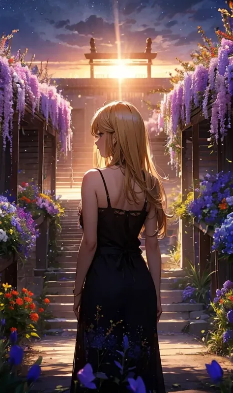 １people々々々々々々々々々々々々々々々,Blonde long-haired woman， camisole，silhouette， Rear View，Space Sky, Flower Field，Colorful flowers