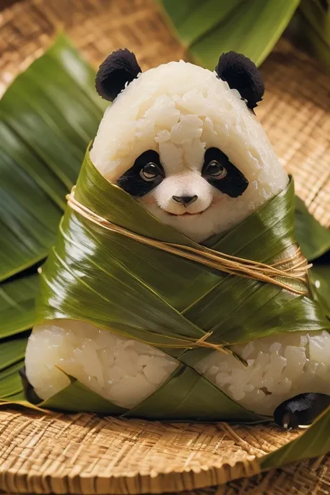 a panda-shaped zongzi, made of glutinous rice, has a cute expression, the lower half of the body is wrapped in tapered leaves, t...