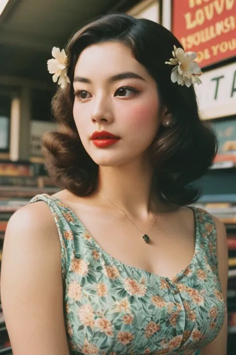 analog film photo solo, tstyle, realistic, ((vintage photo)), ((korean beautiful woman)), big breasts, strikingly beautiful, delicate facial features, porcelain skin, expressive eyes, ((her hair styled in classic pin curls)), ((Floral Print Midi Dresses)),...