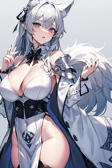 best qualtiy，tmasterpiece，The is very detailed，4K，Gray hair and shallow eyes，Drag cool expressions，Wolf ears，Erect scar on the left eye，British style，1girl，Absolutely beautiful, big bust, white costume, ear ribbon