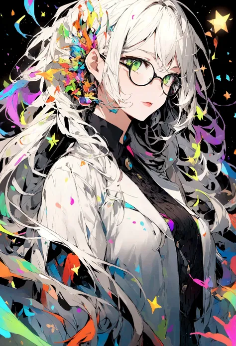 Green eyes scientist female with white long hair and black corner eyeglasses