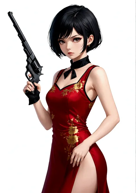 一个穿着红色dress的女人, 手里拿着gun, White background, Black Hair, Black collar, dress, Finger on the trigger, gun, short hair, solo, Cold expression, Sharp eyes, Elegant posture, High quality