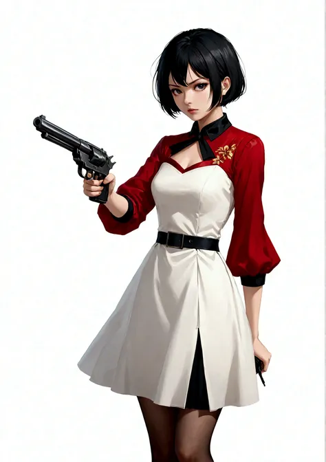 一个穿着红色dress的女人, 手里拿着gun, White background, Black Hair, Black collar, dress, Finger on the trigger, gun, short hair, solo, Cold expression, Sharp eyes, Elegant posture, High quality