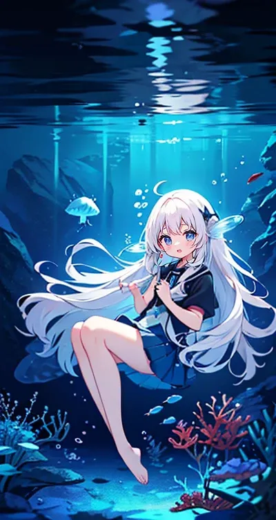 (Peace Fly), (highest quality), Very detailed, 1 girl, Personal full-body photo, Perfect Face, beautiful girl, Very detailed顔，(Long white hair:1.5)，(blue eyes:1.4)，(Flowing Hair:1.4)，(Underwater:1.4)，sink，school fishy，Light，jellyfish，Seaweed，Redfish，fishy，...