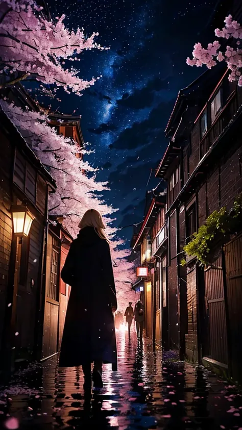 １people々々々,Blonde long hair，Long coat，silhouette， Rear View，Space Sky, milky way, Anime Style, cherry blossoms，夜cherry blossoms，辺り一面に舞うcherry blossoms吹雪，Flower tunnel，