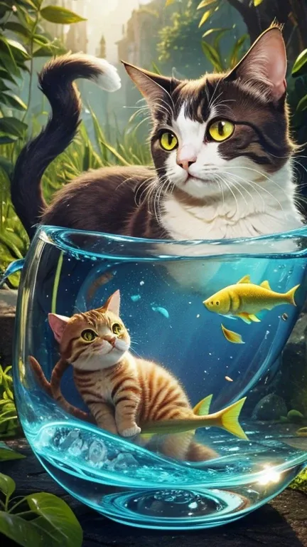 Cat with a fish, fine, Tea, cute, Fantasy World Cats