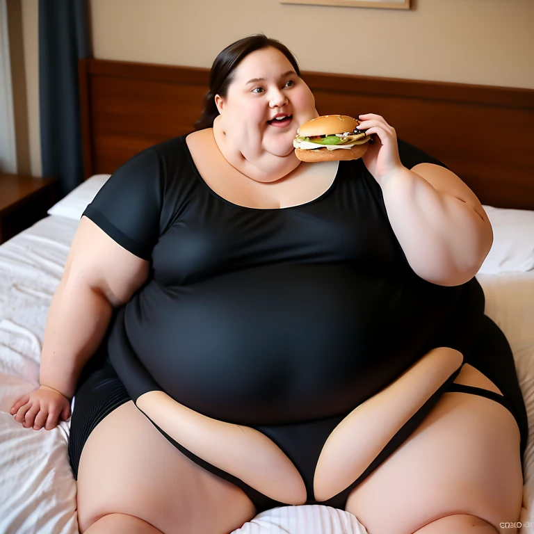 Fat curvy voluptuous young woman with big fat thighs and super fat legs eating burgers. Wearing a really really tight and small brasier, she is big huge chested, and a small and tight shorts so small her meat is spilling out of them. She has huge boobs for...