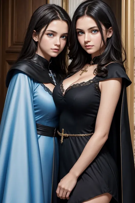 mother and daughter portrait, break: daughter teenager(1.3), 13 years old, very small breats, black hair , blue eyes, detailed face, angelical face, dress with cape, desing with christian cross, cleavage ,soft lesbian, break: mature mother, middle-age, lon...